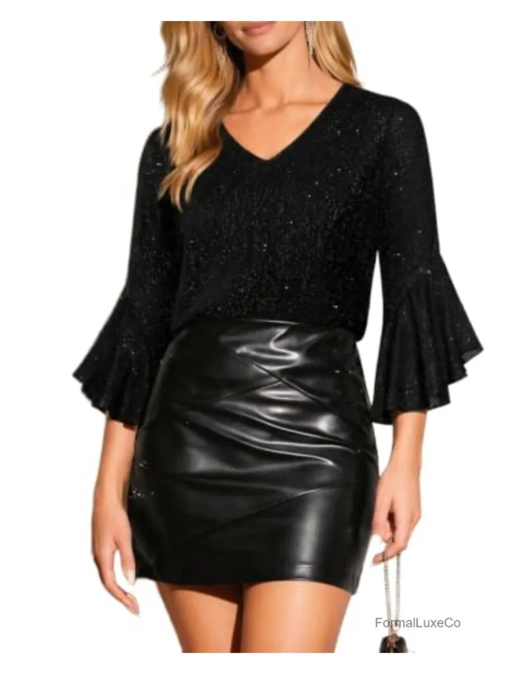 Zeagoo Women's 3/4 Sleeve Sequin V-Neck Blouse Double Layer Mesh Tunic Party Top